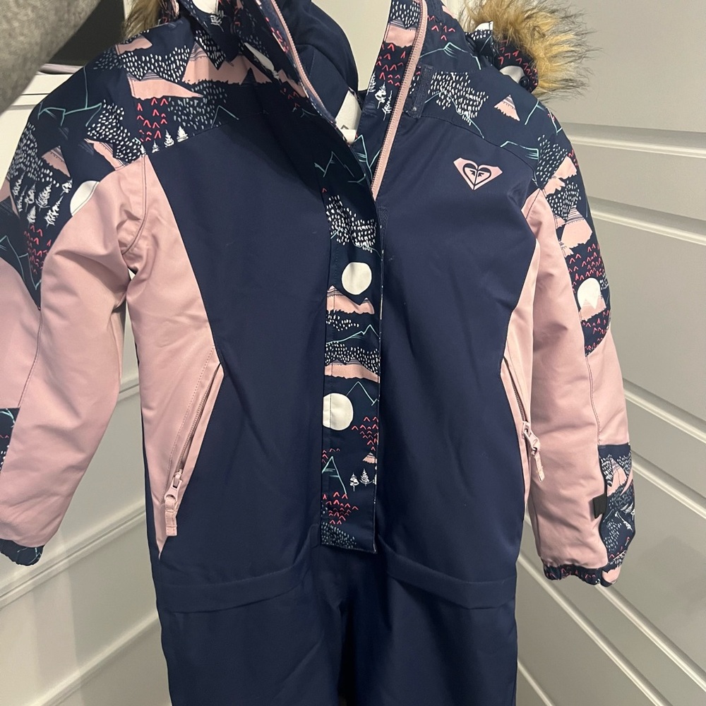 Navy and Pink One piece Snowsuit with Patterned Accents size 6-7 kids